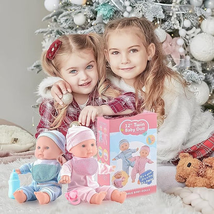 Toy Choi's Baby Doll Twin Baby Dolls 12 inch Soft Body 2 Dolls Playset with Rompers, Hat, Pacifier and Doll Bibs, Gifts for 1 2 3 4 5 Year Old Boys Girls, Toddlers and Kids