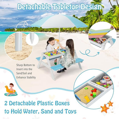 HONEY JOY Kids Picnic Table, 4 in 1 Cedar Wooden Sand & Water Table w/ 2 Removable Box & Umbrella, Kids Picnic Tables for Outdoors Backyard Garden, Toddler Patio Furniture Set for Boys Girls(Blue)