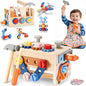 REXBETI Kids Tool Set, 43Pcs Wooden Toddler Tool Bench with Electric Drill, Apron and A Pack Stickers(50pcs), Montessori Construction Toddler Tool Set