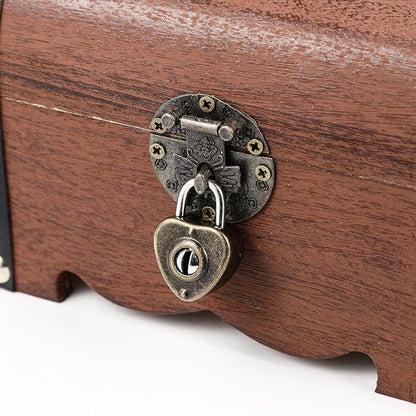 Vintage Piggy Bank Wooden Treasure Chest Decorative Wood Storage Box with Heart-Shaped Lock for Wedding Home Decor