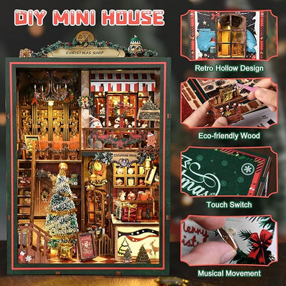 Christmas Shop,Book Nook Kit for Adults: Wooden 3D Puzzle DIY Miniature House Kit Tiny House with Lights and Music，Dollhouse Craft for Adults, Teens & Beginners，Gift for Family, Friends