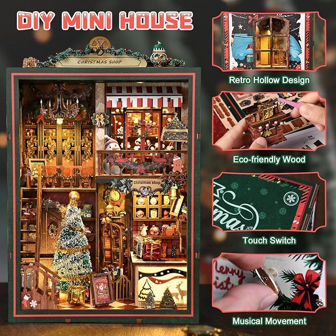 DIY Miniature House Kit, Mini House Building Kit, DIY Book Nook Kit, Tiny Model House for Adults to Build, Beginner 3D Wooden Book Nook, for Family Friends (Christmas Shop)