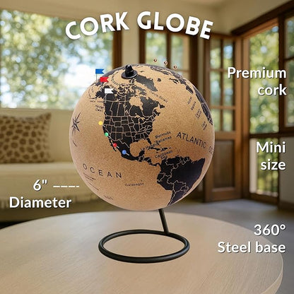 Mini Cork Globe 7.5" Tall | World Travel Map with Metallic & Colored Push Pins | 3D World Map Pin Board for Home or Office | Unique Gift for Travelers, Couples & Families Push Pins Map