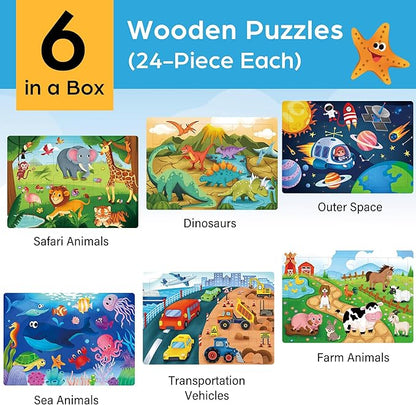BenBen Puzzles for Kids Ages 4-6, 6 Pack 24 Piece Wooden Jigsaw Puzzles for Toddlers Ages 3-5, Preschool Learning Educational Toys for Boys Girls