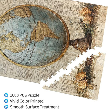 Classic Globe with Detailed World Map and Vintage Documentation, Beautifully Complemented by Decorative Roses，1000 Piece Adults Wooden Jigsaw Puzzle，Ideal for Relaxation and Family Fun
