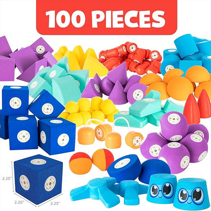 Blockaroo Magnetic Foam Building Blocks - 100-Piece Set with Storage Chest, Bath Toys for Toddlers, Preschool Toys, Bathtub Toys, Sensory Toys, Blocks for Toddlers 3-5, Engineering Toys for Kids 3-5