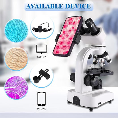 Compound Binocular Microscopes 64X-6000X with Electric Len, Microscope for Adults Kids Students, 4 Objective Lens, Biological Microscope Kit for School, Lab