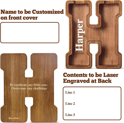 Summidate Customized Name Extra Large Wooden Piggy Bank for Kids Boys Girls Letter A-Z Coins Bills Money Change Bank Box Clear Cover (Laser Engraved) Educational Toys 12"- Letter H