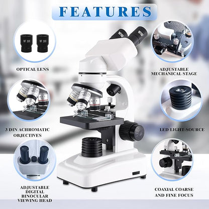 Binocular Microscope for Adults Kids Students, 64X-6000X Microscopes, 3 Objective Lens, Metal-Body Dual LED Illumination, Biological Compound Microscope Kit for School Lab, Homeschool