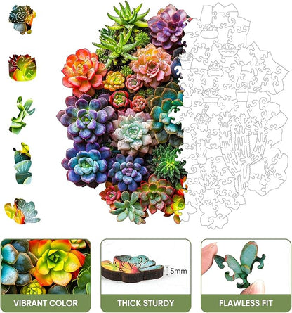 delobi Succulent Plants Wooden Puzzles, 200 Pieces Jigsaw Puzzles 11.2'' x11'', Unique Design Liberty Wooden Puzzles for Adults and Kids, Family Game Gift Medium Size