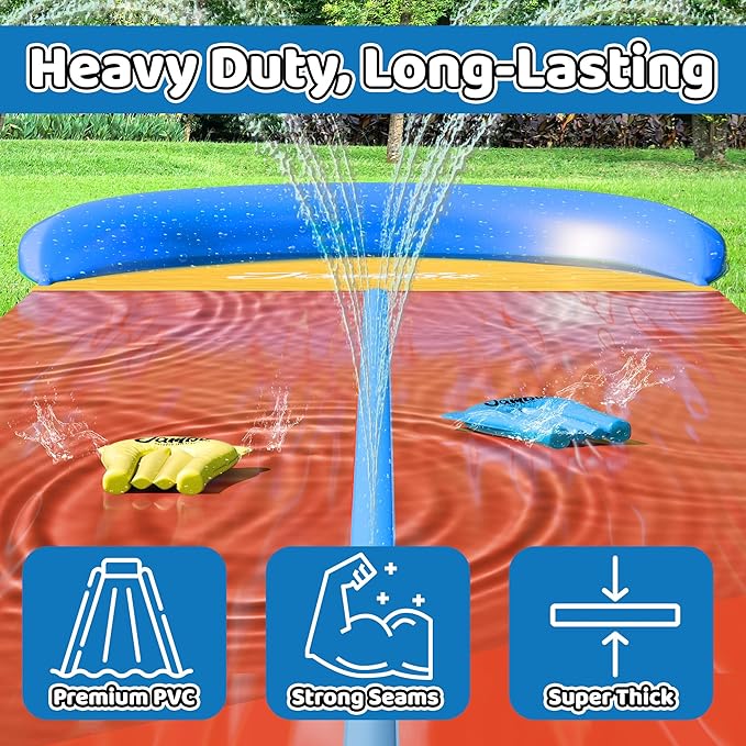 JAMBO 31.5Ft Extra Long Water Slide and 2 Bodyboards, Heavy Duty Slip Splash and Slide with Inflatable Crash Pad, Summer Water Toy Sprinkler, Backyard Outdoor Water Fun n Toys for Kids, Splash Mat