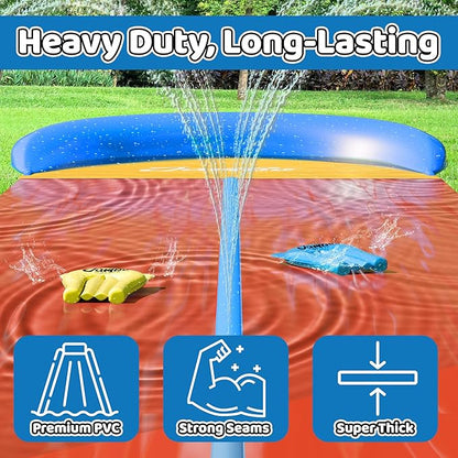 JAMBO 31.5Ft Extra Long Water Slide and 2 Bodyboards, Heavy Duty Slip Splash and Slide with Inflatable Crash Pad, Summer Water Toy Sprinkler, Backyard Outdoor Water Fun n Toys for Kids, Splash Mat