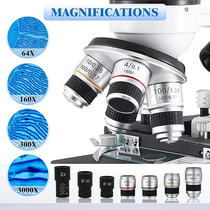 Compound Binocular Microscopes 64X-6000X with Electric Len, Microscope for Adults Kids Students, 4 Objective Lens, Biological Microscope Kit for School, Lab