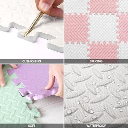 16 Tiles Foam Play Mat for Baby, Soft & Safe EVA Foam Mats for Floor, Square Baby Play Mat, Kids Foam Puzzle Floor Mat, 47x47 Play Mat for Playpen(White/Loli Pink)