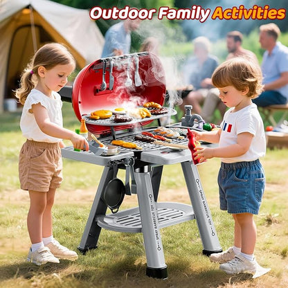 Kids Grill Playset for Toddlers 3-5, 2-Layer Outdoor BBQ Cooking Toy with Smoke, Lights and Sounds, Backyard Pretend Play Kitchen Set, Outside Toys for Boys and Girls