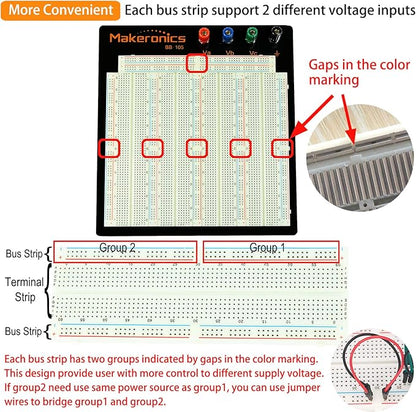 Makeronics Solderless 3220 Tie-Points Experiment Plug-in Breadboard Super Kit with Aluminum Back Plate and 140 U-Shape Jumper Wires + 65 Jumper Wires for Prototyping Circuit/Arduino