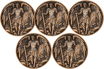 5Pcs Saint Michael Archangel Protection Coin, 1.57-Inch Double-Sided Zinc Alloy Collectible with Antique Finish, Featuring Saint Michael Prayer Christian Challenge Coin (Pack of 5)
