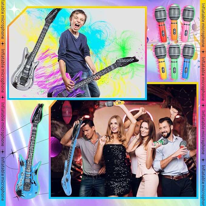 48 Pcs Colorful Inflatable Instruments Rock Star Toy Set Including 24 Plastic Microphones, 24 Guitars and 1 Inflator for Musical Concert Themed Party Decoration