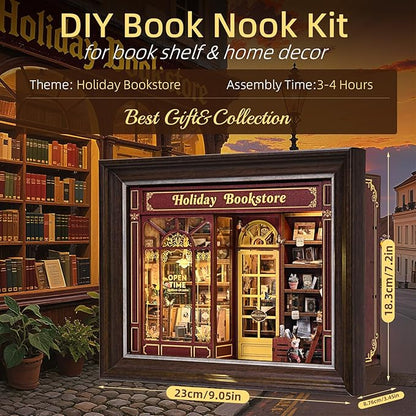 Book Nook Kit-3D Wooden Puzzle with LED Switch Control & Wall-Mountable Frame,DIY Miniature House for Beginners,Bookshelf/Tabletop/Wall Decor for Craft Lovers,Dollhouse Gift,Holiday Bookstore