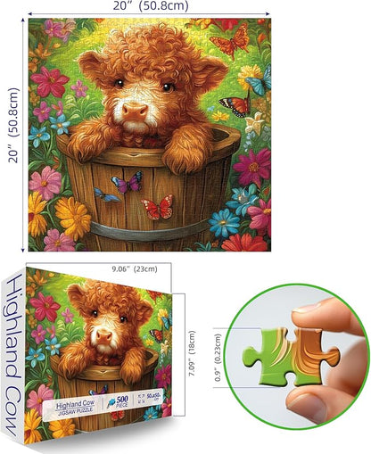 Highland Cow Puzzles for Adults 500 Pieces, Cute Animal Butterfly Flowers 500 Piece Puzzles for Adults, Difficult Challenging Unique Funny Family Jigsaw Puzzle, 20x20 Inch