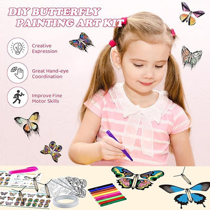 JOY SPOT! 28 Pack DIY Butterfly Craft Kit for Kids, 16 Paper Butterflies and 13 Color Pens, Make Your Own Rubber Band Wind Up Butterfly Toy, Perfect for Party Games, School Activities, Surprise Cards