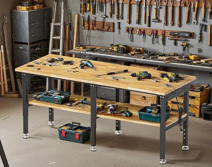 84” Heavy Duty Work Bench, 2-Layer Adjustable Workbench, 5000 LBS Capacity Work Bench with Power Outlet & Pegboard, Rubber Wood Work Table for Garage, Workshop, Office, Home