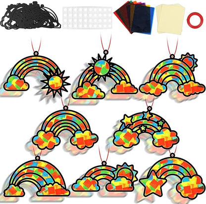 QOUBAI 32 Sets Rainbow Suncatchers Craft Kit DIY Window Stained Glass Effect Planet Rainbow Sun Paper Crafts Home School Classroom Decoration Kid Birthday Gift Creative Art Project Activity Game