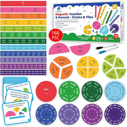 178 PSC Magnetic Fraction Tiles & Fraction Circles with Decimals & Percentages, Fraction Strips, Bars, Fraction Magnets, Fraction Manipulatives Class Set Kit, Fractions for Kids Math - Simply Magic