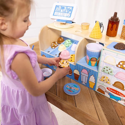 Melissa & Doug Cool Scoops Ice Creamery, Wooden Ice Cream Shop & Counter with Play Food & Play Kitchen Accessories, Preschool Learning Toys for Girls & Boys 3+ - FSC Certified