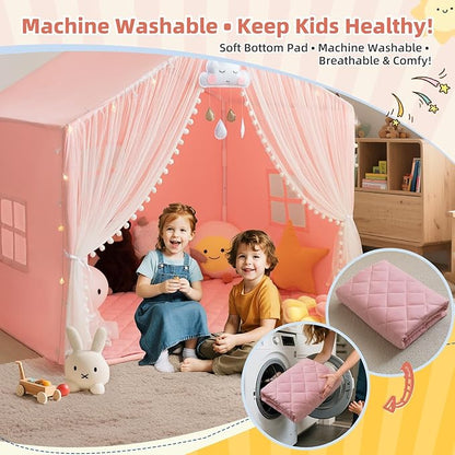Large Kids Play Tent, 55.1in Length, Fits 3-4 Children,Indoor Playhouse for Kids, with Padded Mat and Lights, Bed Tent for Toddler, Birthday for Boys Girls