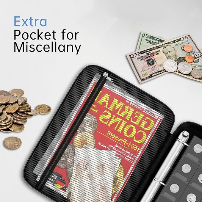 Coin Collection Album with Lock,350 Pockets Fireproof Hard Coin Collection Book&36 Sleeves Currency Collection Binder Storage for up to 45mm Coins(Quarter),Bill,Stamp,Postcard-Black