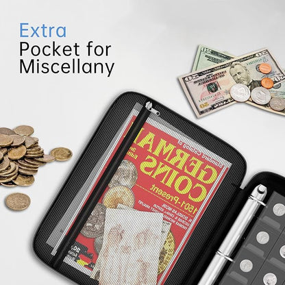 Coin Collection Album with Lock,350 Pockets Fireproof Hard Coin Collection Book&36 Sleeves Currency Collection Binder Storage for up to 45mm Coins(Quarter),Bill,Stamp,Postcard-Black