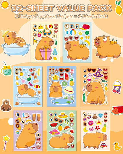 Aowplc Capybara Make-a-Face Stickers, 32 Sheets for Kids’ Crafts, Fun Capybara Party Favors & Birthday Decorations