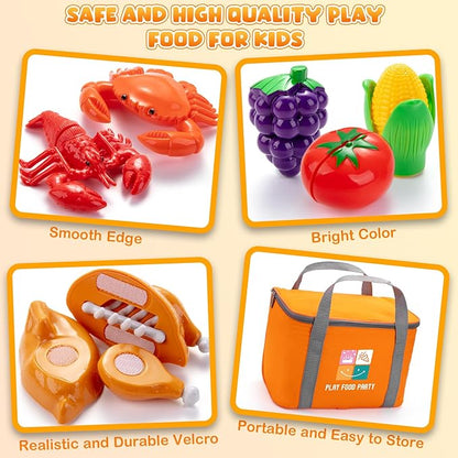 Juboury Pretend Play Food Set for Toddlers, Cutting Toy Food with Storage Bag, Stainless Steel Tray and Plates, Food Toys with Veggies, Fruits, Dessert, Pizza Toy, Play Kitchen Accessories for Kids