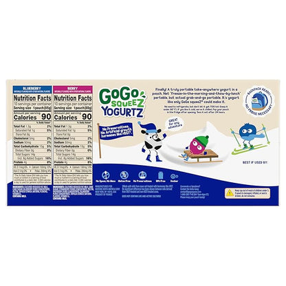 GoGo squeeZ yogurtZ Variety Pack, Blueberry & Berry, 3 oz (Pack of 20), Kids Snacks Made from Real Yogurt and Fruit, No Fridge Needed, Gluten Free, Nut Free, Recloseable Cap, BPA Free Pouches