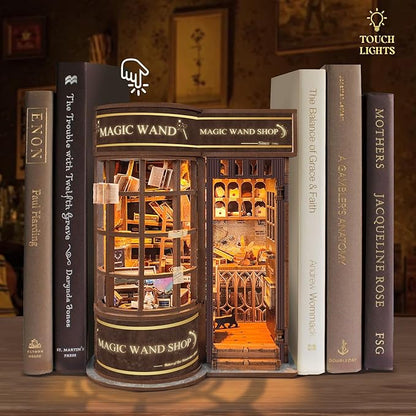 DIY Book Nook Kit,DIY Miniature Dollhouse kit,3D Wooden Puzzle Magic Bookend Bookshelf Insert Decor with Led Light,Gifts for Adults Teens and Beginners -Magic Wand Shop(SQ-51)