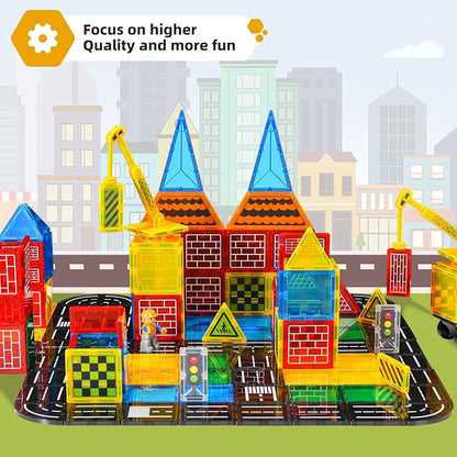 Magnetic Tiles Road Set - City Construction Building Toys, Magnetic Blocks with Extendable Crane and Car,Kids Toys for Boys & Girls Ages 3+, Creative Kids Games Gifts