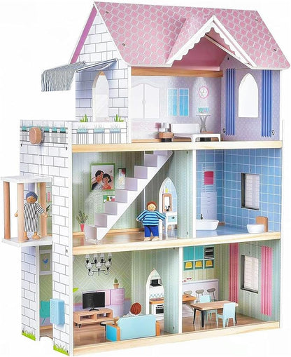 Giant bean Large Pink Wooden Dollhouse with Furniture for Girls with Doorbell, Light,Elevator, 6 Rooms 2.6ft High,15 Pcs Furniture & 3 Dolls, Kids Playhouse Toy for Girls 3-7+, 31.5" x 25" x 12.2"