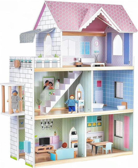Giant bean Large Pink Wooden Dollhouse with Furniture for Girls with Doorbell, Light,Elevator, 6 Rooms 2.6ft High,15 Pcs Furniture & 3 Dolls, Kids Playhouse Toy for Girls 3-7+, 31.5" x 25" x 12.2"