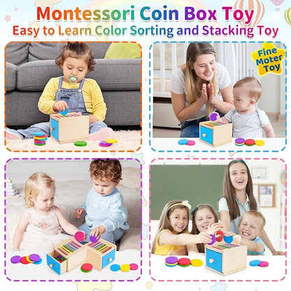 FCSONU Toddlers Montessori Coin Box Toys for 1 2 3 Year Old Boys Girls, Drawer Box Toy for Ages 2-4 Kids, Learning Color Sorting Sensory Toys, New Year Birthday for Baby 12-18 Months