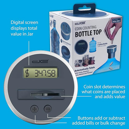 Digital Coin Counter Bottle Top Fits 5 Gallon Water Jugs and All Bottles with 2.5" Diameter Opening