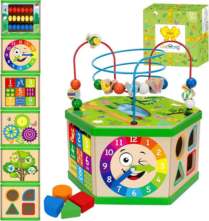 Wooden Activity Cube for 1 Year old, 12-18 Month Boys & Girls, 7-in-1 STEM Montessori Early Developmental Learning Toys for Kids Aged 1-2, Ideal 1st Birthday Gift Toys for Baby, Toddlers (Green)