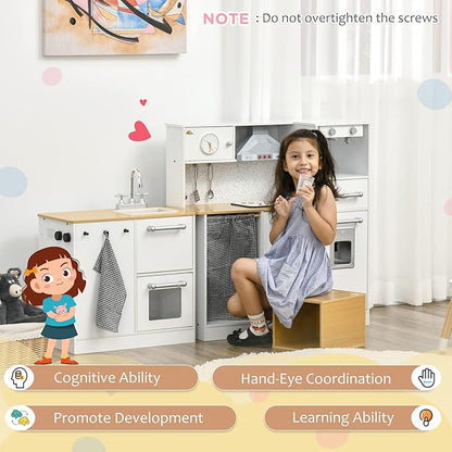 Qaba Kids Wooden Kitchen Playset with Sound Effects and Tons of Countertop Space, Wooden Corner Play Kitchen Set with Washing Machine, Imaginative Toy Pretend Restaurant, Ages 3-6, White