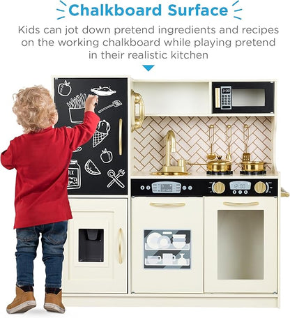 Best Choice Products Pretend Play Kitchen Wooden Toy Set for Kids w/Realistic Design, Telephone, Utensils, Oven, Microwave, Sink - Cream