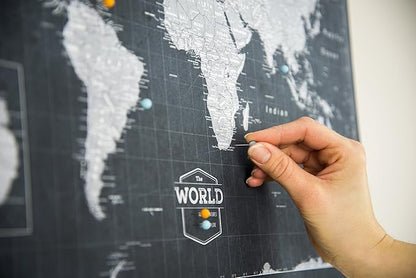 Conquest Maps World Travel Map with Pins Modern Slate Style Push Pin Travel Map Cork Board, Track Your Travels w/a Handmade Unique Canvas Pinable Map (24" x 16")