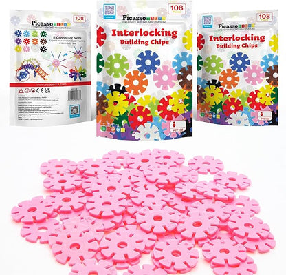 PicassoTiles Building Chip Interlocking Disc Construction Blocks in Pink Color STEM Learning Early Education Toy Engineering Playset Child Brain Development for Toddlers Girls Boys Kids Age 3+ PTF108