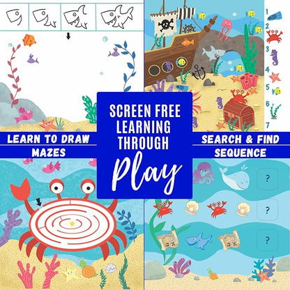 Totebook Kids Travel Educational Activity Book with Washable Markers - Car and Airplane Activities, Learning Toys for Toddlers- Search and Find, Reusable Stickers for Ages 4, 5, 6 (Ocean)