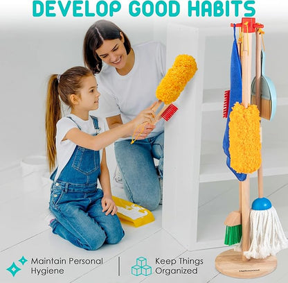 Kids Cleaning Set, 8 Pcs Wooden Housekeeping Play Set Includes Broom Mop Duster Dustpan Brushes Rag and Organizing Stand, Cleaning Toys Gift for Toddlers Girls Boys Age 3-6, Solid Beech Wood