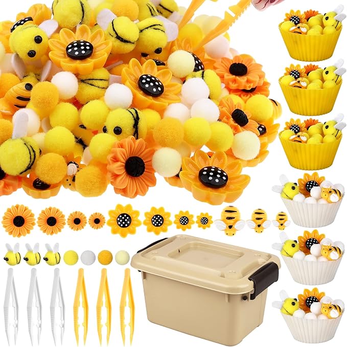 303Pcs Bee Sensory Bin Filler Fine Motor Toys Sunflower Counting Sorting 200 Felt Pompoms 40 Sunflowers 50 bees 6 Tweezers 6 Silicone Plates 1Storage Box for Counting Sorting DIY Crafts(Bee Sunflower)
