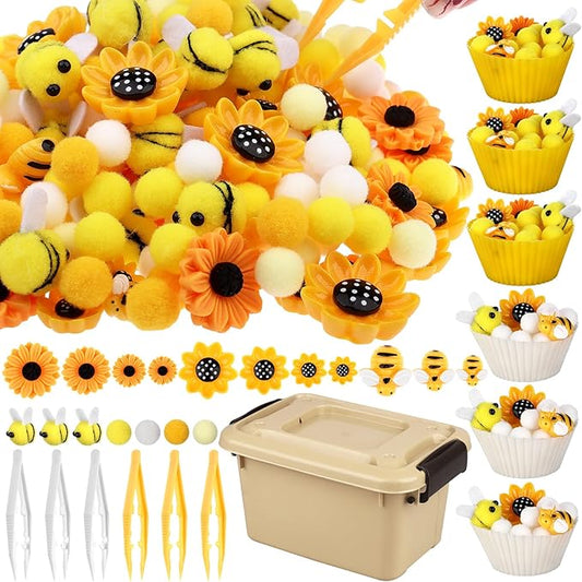 303Pcs Bee Sensory Bin Filler Fine Motor Toys Sunflower Counting Sorting 200 Felt Pompoms 40 Sunflowers 50 bees 6 Tweezers 6 Silicone Plates 1Storage Box for Counting Sorting DIY Crafts(Bee Sunflower)